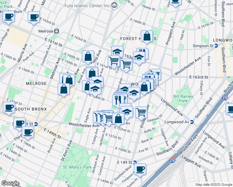 map of restaurants, bars, coffee shops, grocery stores, and more near 793 Jackson Avenue in Bronx