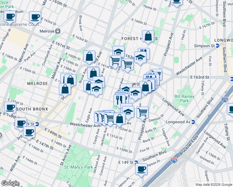 map of restaurants, bars, coffee shops, grocery stores, and more near 793 Jackson Avenue in Bronx