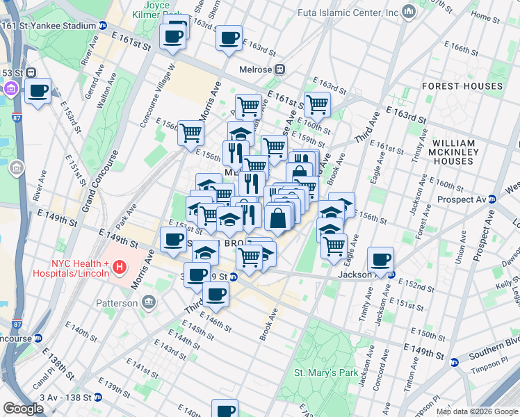 map of restaurants, bars, coffee shops, grocery stores, and more near 413 East 154th Street in Bronx
