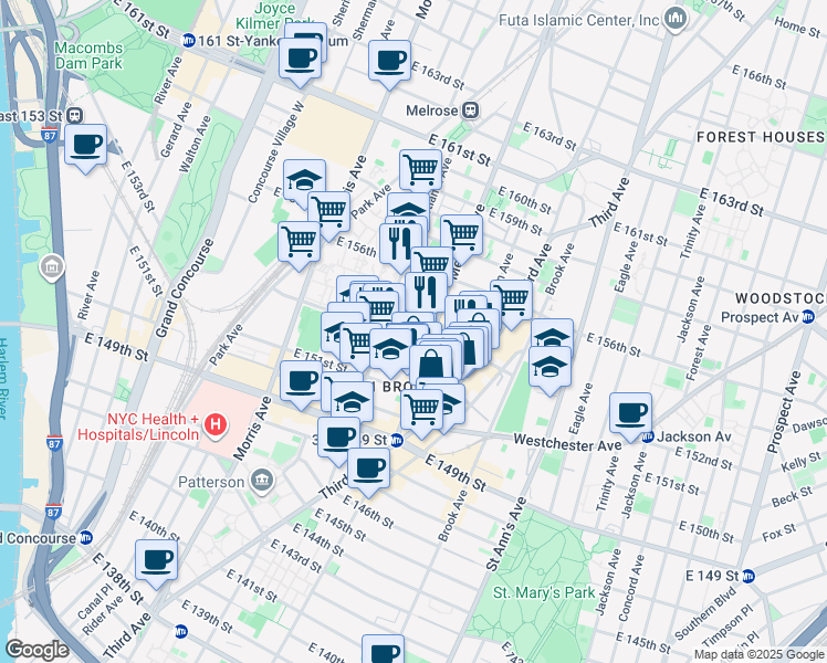 map of restaurants, bars, coffee shops, grocery stores, and more near 378 East 154th Street in Bronx