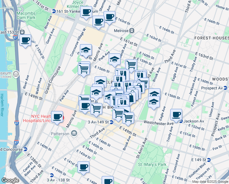 map of restaurants, bars, coffee shops, grocery stores, and more near 378 East 154th Street in Bronx