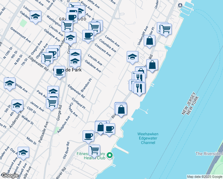 map of restaurants, bars, coffee shops, grocery stores, and more near 154A Undercliff Avenue in Edgewater