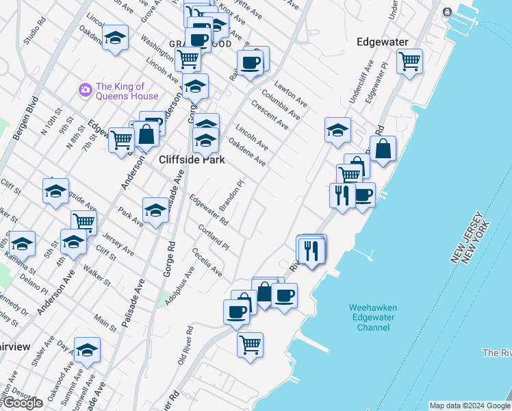 map of restaurants, bars, coffee shops, grocery stores, and more near 19 Claremont Avenue in Cliffside Park