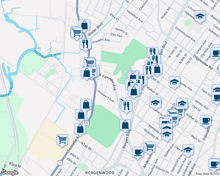map of restaurants, bars, coffee shops, grocery stores, and more near 178 Maple Street in Fairview
