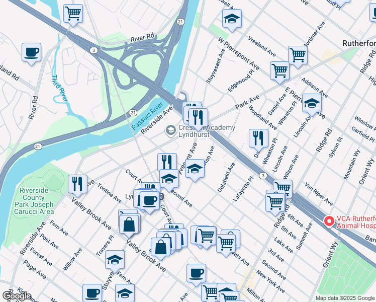 map of restaurants, bars, coffee shops, grocery stores, and more near 34 Park Avenue in Lyndhurst