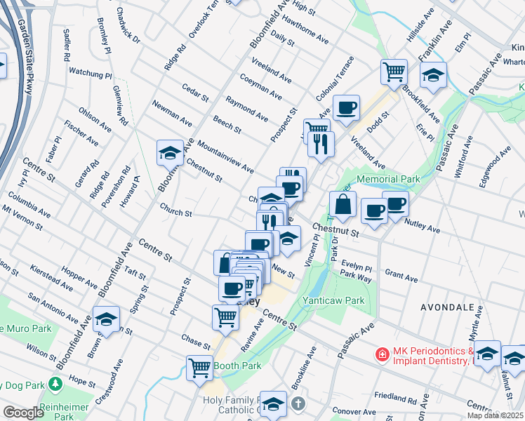 map of restaurants, bars, coffee shops, grocery stores, and more near 305 Chestnut Street in Nutley