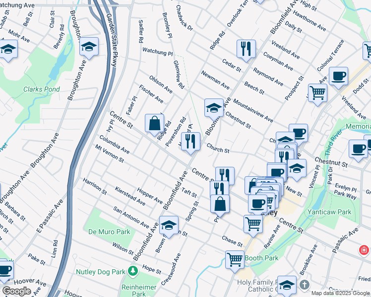 map of restaurants, bars, coffee shops, grocery stores, and more near 11 Knox Place in Nutley