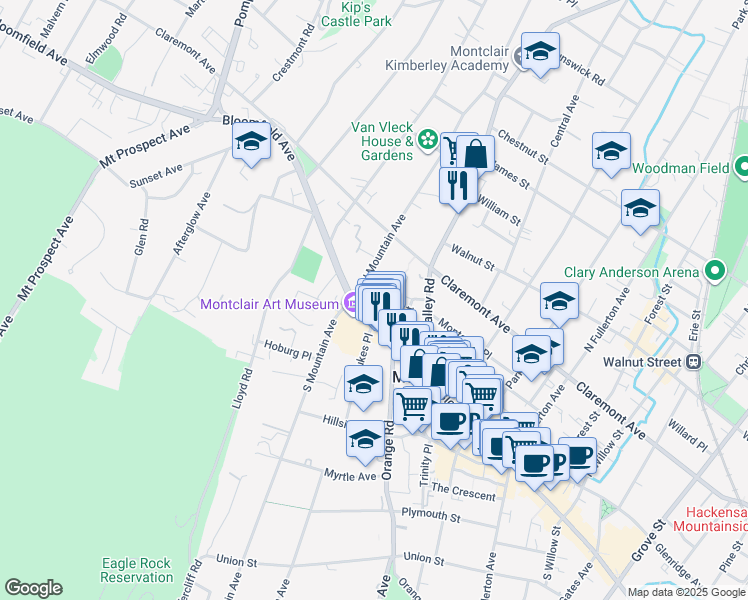 map of restaurants, bars, coffee shops, grocery stores, and more near 14 Francis Place in Montclair