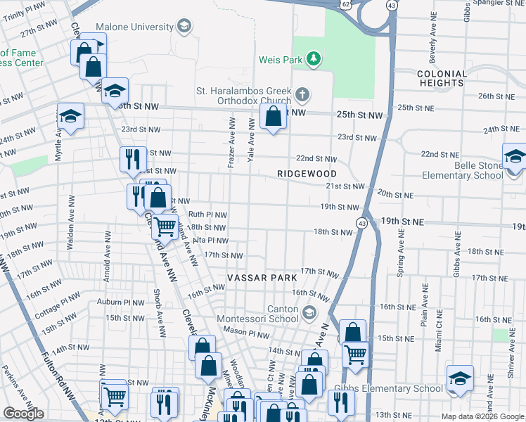 map of restaurants, bars, coffee shops, grocery stores, and more near 322 19th Street Northwest in Canton