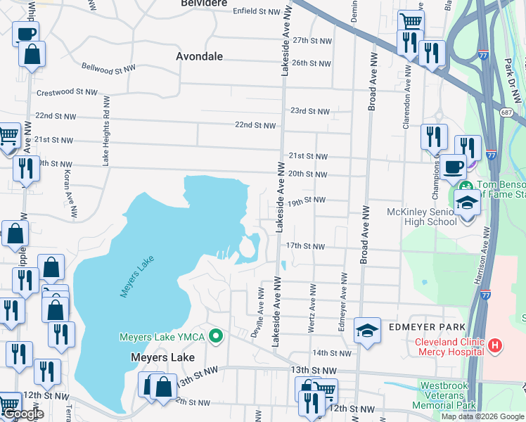 map of restaurants, bars, coffee shops, grocery stores, and more near 1829 Harbour Circle Northwest in Canton