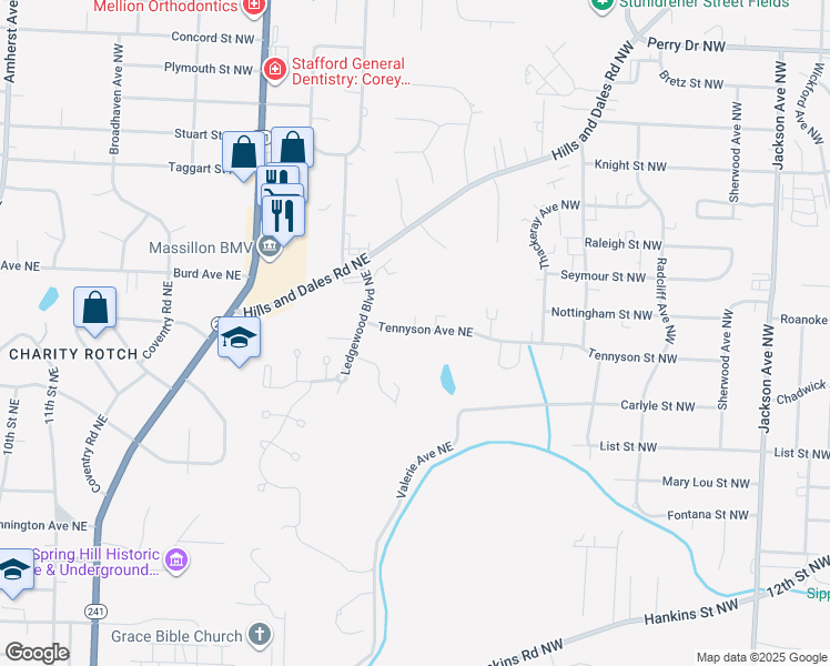 map of restaurants, bars, coffee shops, grocery stores, and more near 1954 Tennyson Avenue Northeast in Massillon