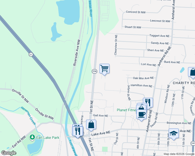 map of restaurants, bars, coffee shops, grocery stores, and more near 1838 Erie Avenue Northwest in Massillon