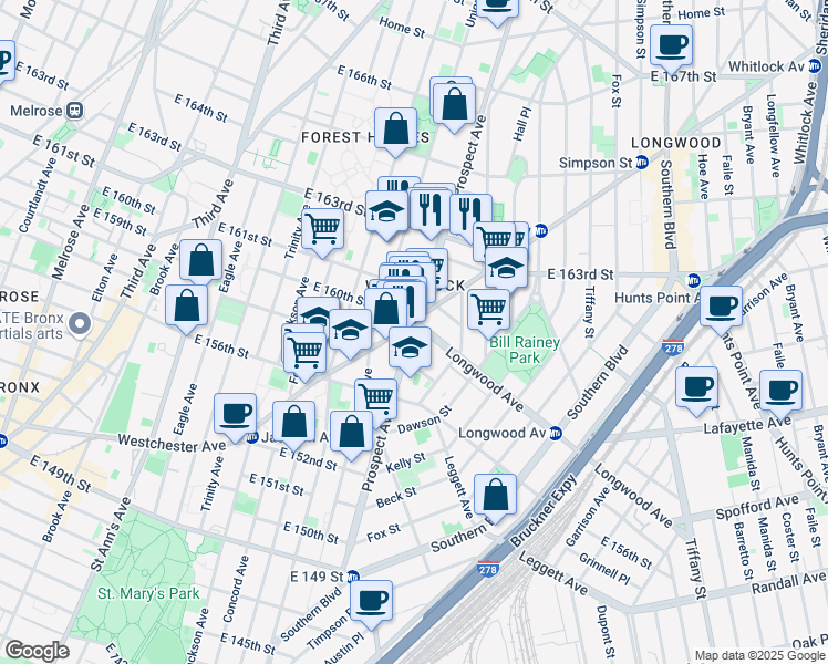 map of restaurants, bars, coffee shops, grocery stores, and more near 786 Prospect Avenue in Bronx