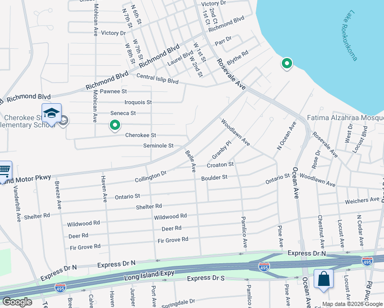 map of restaurants, bars, coffee shops, grocery stores, and more near 161 Belle Avenue in Ronkonkoma