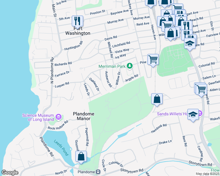 map of restaurants, bars, coffee shops, grocery stores, and more near 45 Amherst Rd in Port Washington