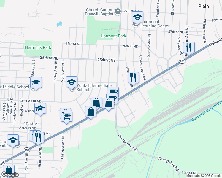 map of restaurants, bars, coffee shops, grocery stores, and more near 2105 Harmont Avenue Northeast in Canton