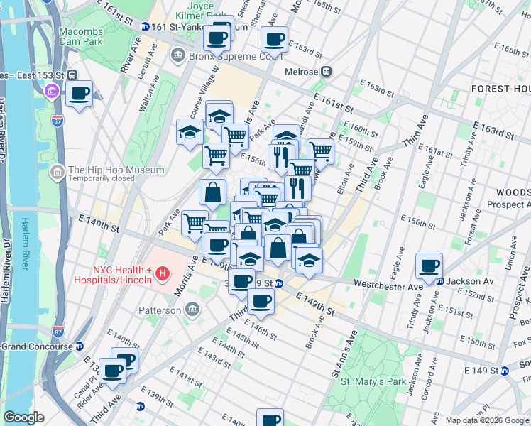 map of restaurants, bars, coffee shops, grocery stores, and more near 655 Courtlandt Avenue in The Bronx