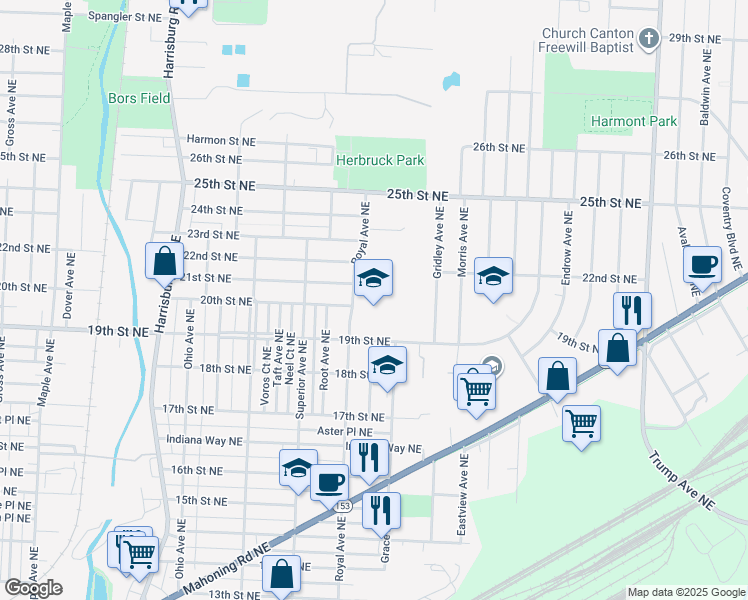 map of restaurants, bars, coffee shops, grocery stores, and more near 2525 19th Street Northeast in Canton