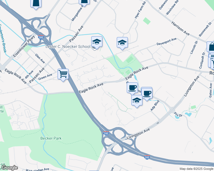 map of restaurants, bars, coffee shops, grocery stores, and more near 345 Eagle Rock Avenue in Roseland