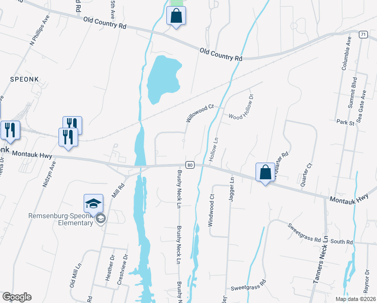 map of restaurants, bars, coffee shops, grocery stores, and more near 29 Willowood Court in Westhampton