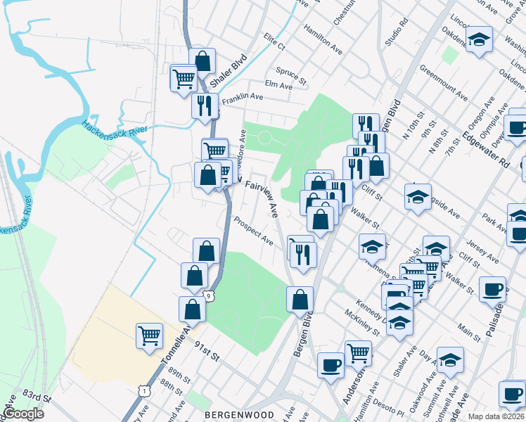 map of restaurants, bars, coffee shops, grocery stores, and more near 178 Maple Street in Fairview