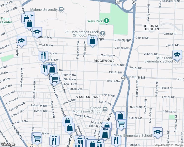 map of restaurants, bars, coffee shops, grocery stores, and more near 322 19th Street Northwest in Canton