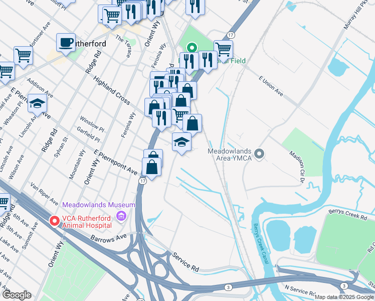map of restaurants, bars, coffee shops, grocery stores, and more near 280 Highland Cross in Rutherford