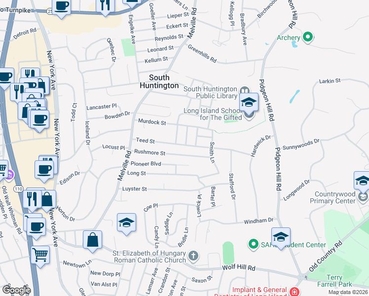 map of restaurants, bars, coffee shops, grocery stores, and more near 50 Teed Street in Huntington Station