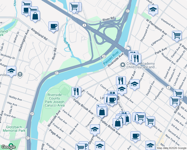 map of restaurants, bars, coffee shops, grocery stores, and more near 162 Riverside Avenue in Lyndhurst