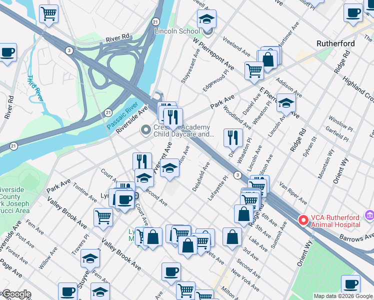 map of restaurants, bars, coffee shops, grocery stores, and more near 340 Rutherford Avenue in Lyndhurst