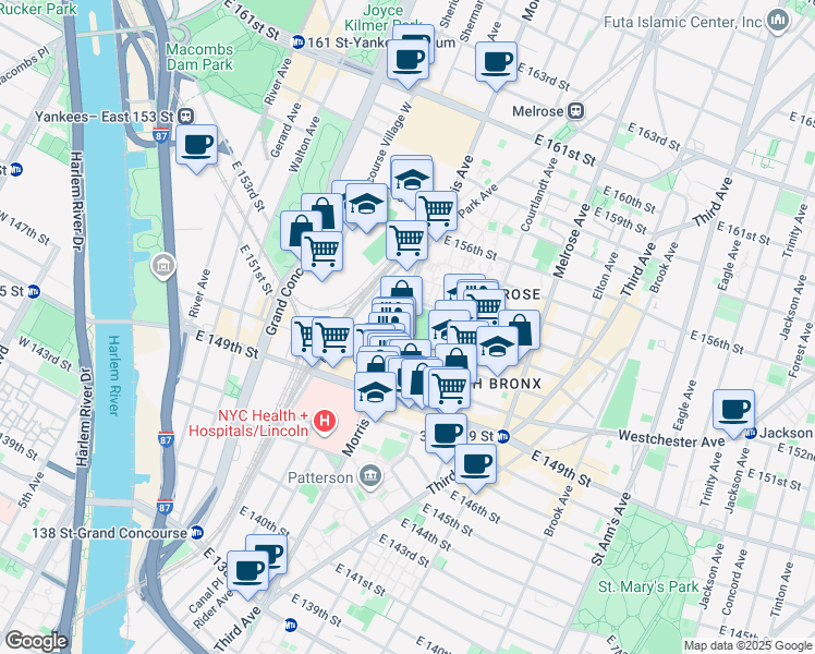 map of restaurants, bars, coffee shops, grocery stores, and more near 680 Morris Avenue in Bronx