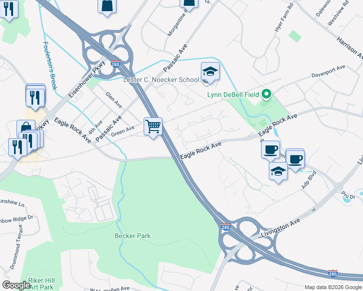 map of restaurants, bars, coffee shops, grocery stores, and more near 23 Mulford Court in Roseland
