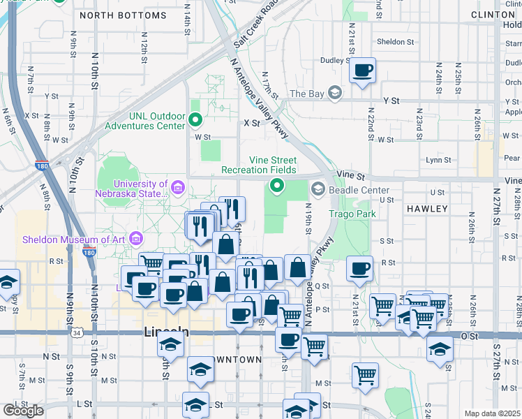 map of restaurants, bars, coffee shops, grocery stores, and more near 609 North 17th Street in Lincoln
