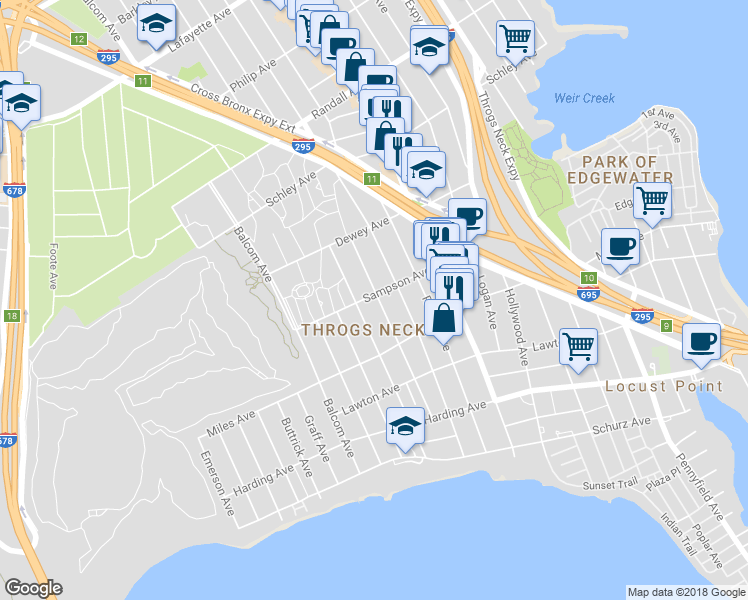 map of restaurants, bars, coffee shops, grocery stores, and more near 351 Quincy Avenue in The Bronx
