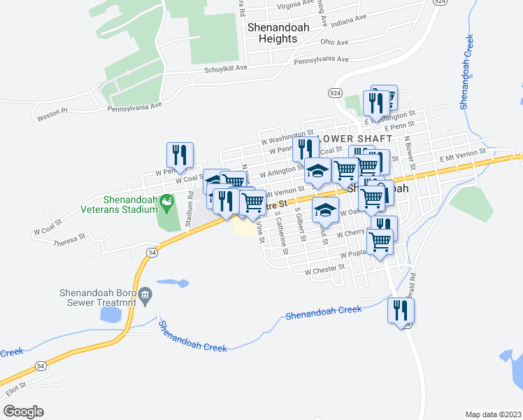 map of restaurants, bars, coffee shops, grocery stores, and more near 530 West Centre Street in Shenandoah