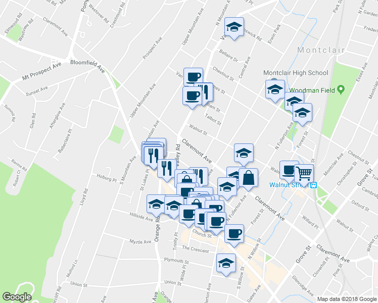 map of restaurants, bars, coffee shops, grocery stores, and more near 290 Claremont Avenue in Montclair