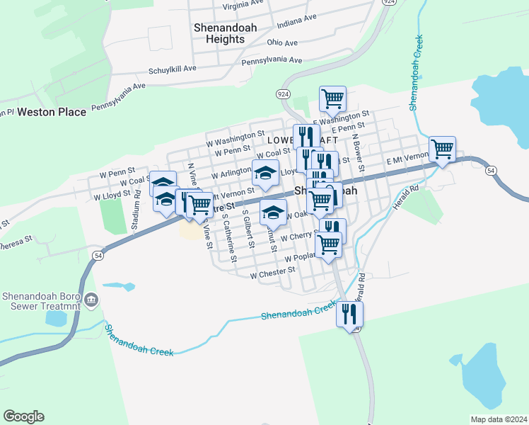 map of restaurants, bars, coffee shops, grocery stores, and more near 302 West New York Street in Shenandoah