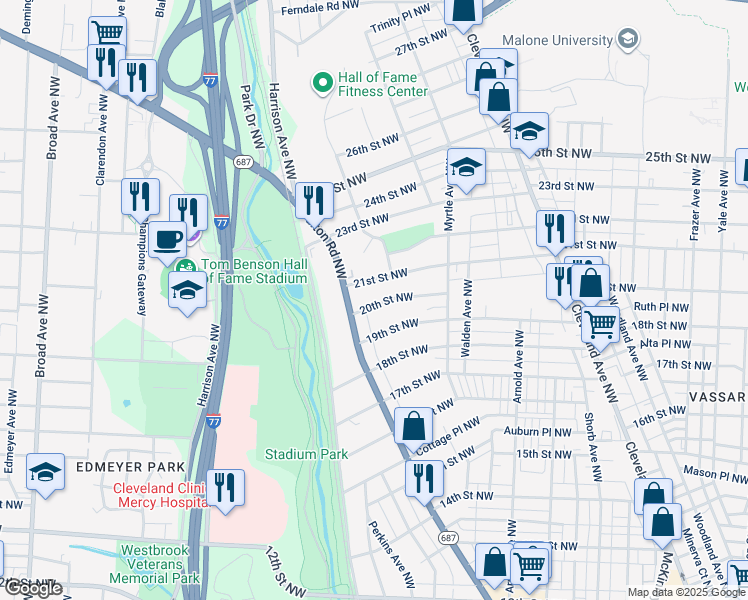 map of restaurants, bars, coffee shops, grocery stores, and more near 1611 20th Street Northwest in Canton