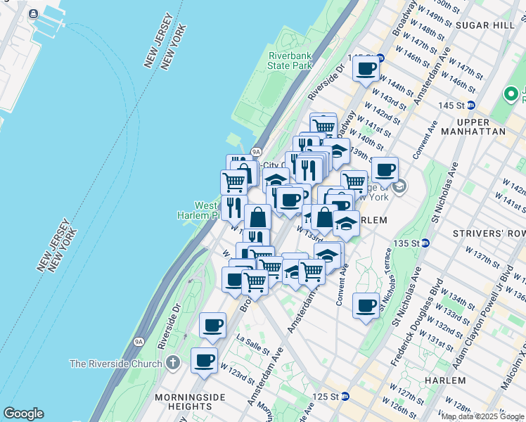 map of restaurants, bars, coffee shops, grocery stores, and more near 666 West 133rd Street in New York