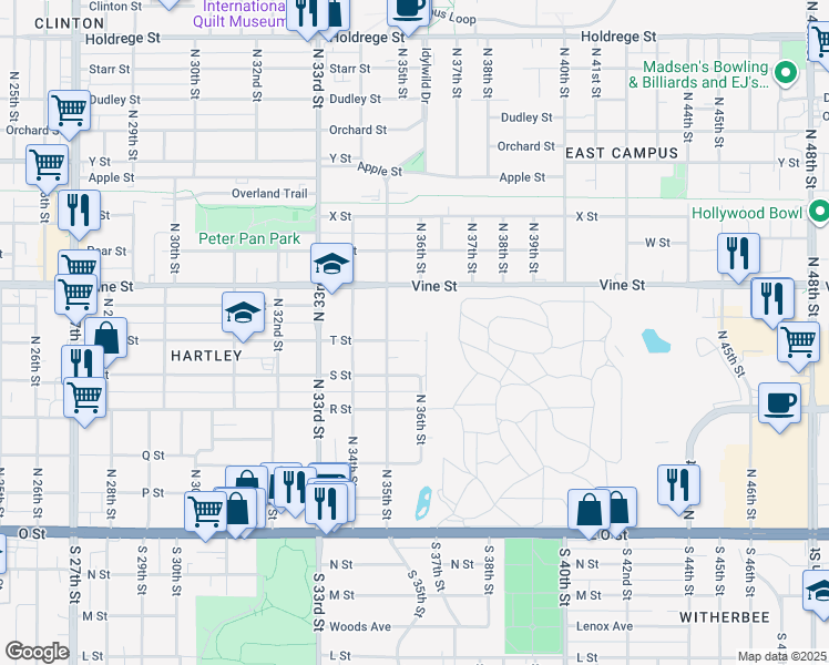 map of restaurants, bars, coffee shops, grocery stores, and more near 3540 T Street in Lincoln