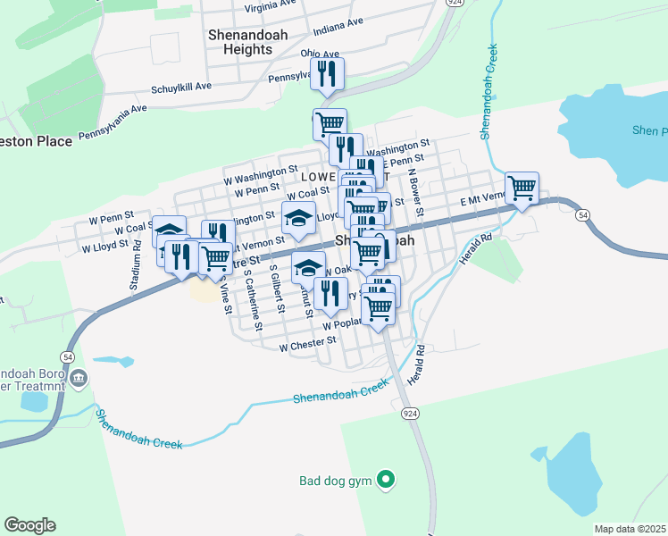 map of restaurants, bars, coffee shops, grocery stores, and more near 113 West Oak Street in Shenandoah