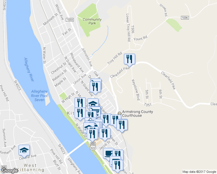 map of restaurants, bars, coffee shops, grocery stores, and more near 190 Oak Ave in Kittanning