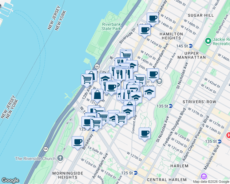 map of restaurants, bars, coffee shops, grocery stores, and more near Broadway & W 134th St in New York