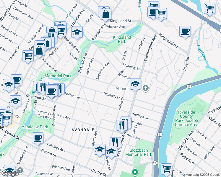 map of restaurants, bars, coffee shops, grocery stores, and more near 13 North Road in Nutley