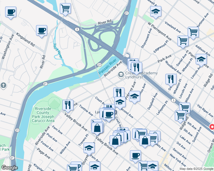 map of restaurants, bars, coffee shops, grocery stores, and more near 113 Park Avenue in Lyndhurst