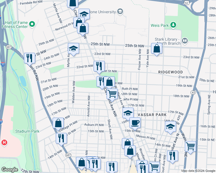 map of restaurants, bars, coffee shops, grocery stores, and more near 826 19th Street Northwest in Canton