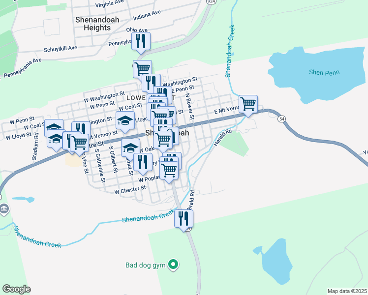map of restaurants, bars, coffee shops, grocery stores, and more near 115 South White Street in Shenandoah
