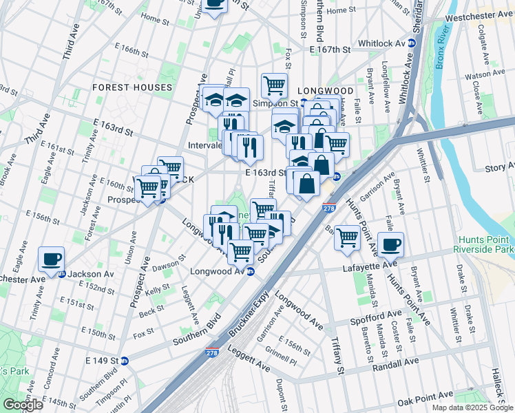 map of restaurants, bars, coffee shops, grocery stores, and more near 900 Intervale Avenue in The Bronx