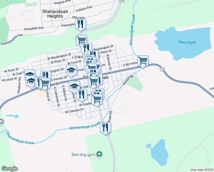 map of restaurants, bars, coffee shops, grocery stores, and more near 115 South White Street in Shenandoah