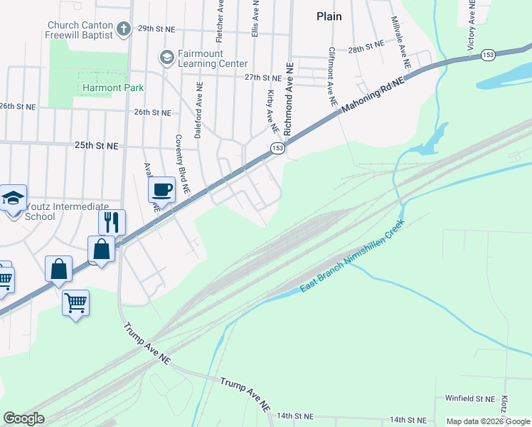 map of restaurants, bars, coffee shops, grocery stores, and more near 3830 Division Road Northeast in Canton
